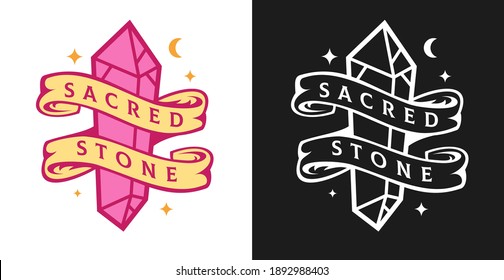 Hand drawn concept composition with crystals and ribbon in vintage cartoon style. Modern design for print, cover, card. Vector illustration.