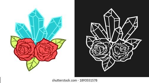 Composición de concepto dibujada a mano con cristales y rosas al estilo de caricatura vintage. Diseño moderno para impresión, portada, tarjeta. Ilustración vectorial.