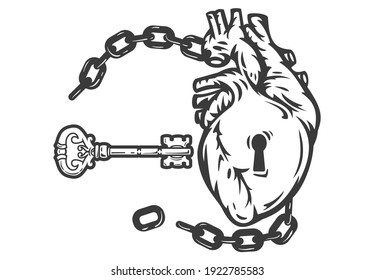 Hand drawn concept composition with human heart and key isolated on white background in vintage cartoon style. Modern design for print, cover, card. Vector illustration.