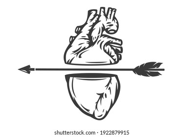 Hand drawn concept composition with human heart and wood arrow isolated on white background in vintage cartoon style. Modern design for print, cover, card. Vector illustration.