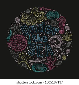 Hand drawn concept with cute underwater animals on dark background. Doodle sea creatures for prints or posters. Vector illustration. 