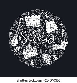 Hand drawn concept with different symbols of Serbia