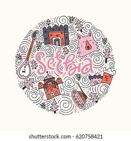 Hand drawn concept with different symbols of Serbia