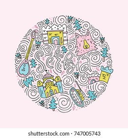 Hand drawn concept with different symbols of Serbia