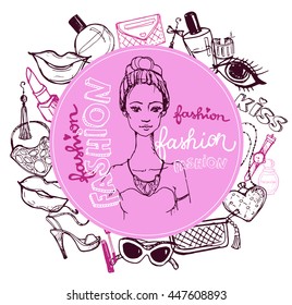 Hand drawn concept for fashion invitations, party, congratulations.Fashion sketch set. Vector illustration