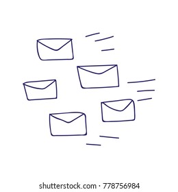 Hand drawn concept of flying envelops. A lot of letters as symbol of message or mailing. Newsletter. Vector illustration, isolated on white background