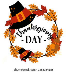 Hand Drawn Concept of Happy Thanksgiving Labels with Autumn Leaves Garland on White Background – Vector Illustration of Thanksgiving