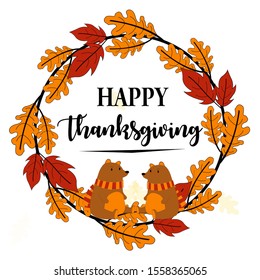 Hand Drawn Concept of Happy Thanksgiving Labels with Autumn Leaves Garland on White Background – Vector Illustration of Thanksgiving