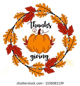 Hand Drawn Concept of Happy Thanksgiving Labels with Autumn Leaves Garland on White Background – Vector Illustration of Thanksgiving