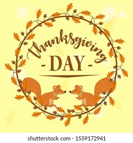 Hand Drawn Concept of Happy Thanksgiving Labels with Autumn Leaves Garland on Yellow Background – Vector Illustration of Thanksgiving