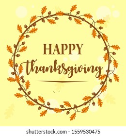 Hand Drawn Concept of Happy Thanksgiving Labels with Autumn Leaves Garland on Yellow Background – Vector Illustration of Thanksgiving