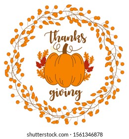 Hand Drawn Concept of Happy Thanksgiving Labels with Autumn Leaves Garland on White Background – Vector Illustration of Thanksgiving
