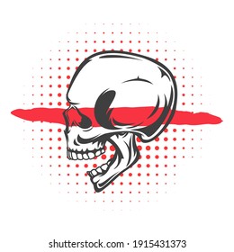 Hand drawn concept with human skull and red grunge elements in vintage style. Design composition for tattoo, print. Retro vector illustration isolated on white background.