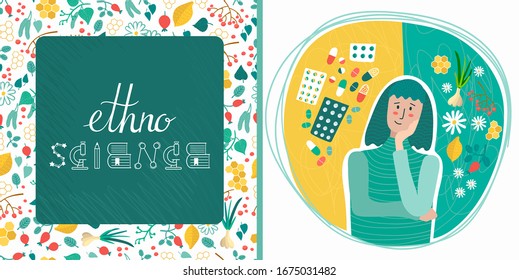 Hand drawn concept with lettering. Woman choosing between pills, antibiotics and herbals, natural treatment, ethnoscience. Lemon, honey, garlic, plants. Doodle style idea. Seamless pattern with herbs