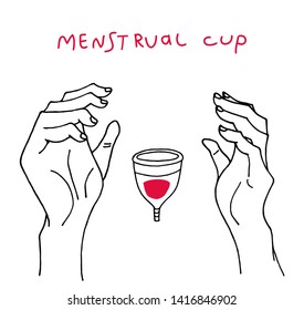 Hand drawn concept, menstrual cup is held between two hands, a symbol for eco friendly consciousness, black and red isolated on white background, sketch style