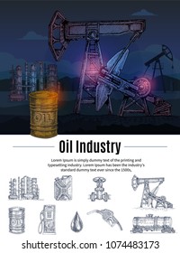 Hand drawn concept with oil industry colorful composition isolated monochromatic storage transportation elements and editable text vector illustration