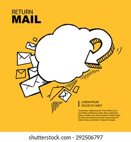 Hand drawn Concept picture with return of big e-mail letters in the yellow background.