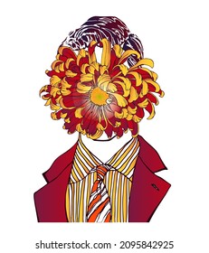 Hand drawn concept portrait strange handsome man and anonymous face yellow   red colourful chrysanthemum  Head in modern   surreal tattoo art  Isolated vector illustration 