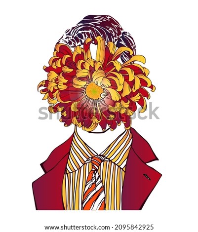 Hand drawn concept portrait of a strange handsome man with anonymous face of yellow and red colourful chrysanthemum. Head in modern and surreal tattoo art. Isolated vector illustration.