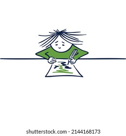 Hand drawn concept of sad depressed lonely person sitting at the table and drawing. Flat hand drawn minimal vector illustration.