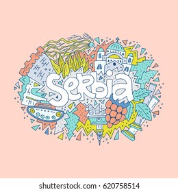 Hand drawn concept of Serbia with all main symbols of the country.