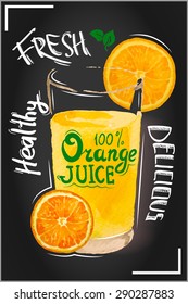 Hand drawn concept for supermarket, natural product design.Watercolor orange juice. Vector illustration.