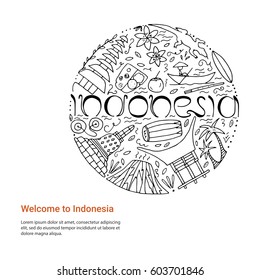 Hand drawn concept with symbols of Indonesia including Bromo volcano, Komodo, Borobudur, temple, food, house, musical instruments. Vector illustration.