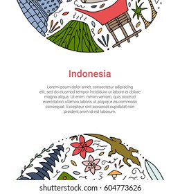 Hand drawn concept with symbols of Indonesia. Vector illustration.