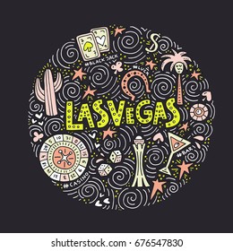 Hand drawn concept with symbols of Las Vegas - casino, luck and others. Vector illustration.