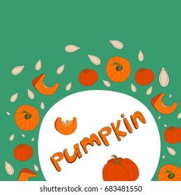 Hand Drawn conceptual illustration of different pumpkins. All main symbols in circle shape. 