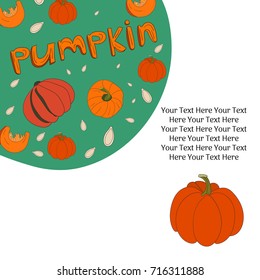 Hand Drawn conceptual illustration of different pumpkins. All main symbols in circle shape.