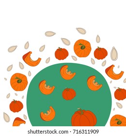Hand Drawn conceptual illustration of different pumpkins. All main symbols in circle shape.