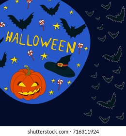 Hand Drawn conceptual illustration of Halloween. All main symbols in circle shape.