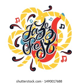 Hand drawn conceptual illustration on music festival - illustrations of musical instruments. Poster or t-shirt design. Jazz fest lettering