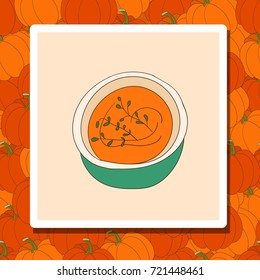 Hand Drawn conceptual illustration of pumpkin soup. Recipe card