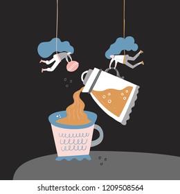 Hand drawn conceptual illustration of woman pouring coffe into a giant mug. Teamwork and coffee shop poster.