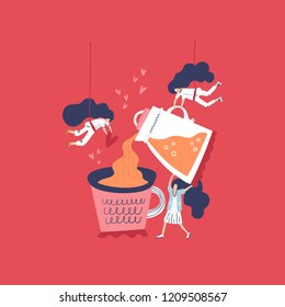 Hand drawn conceptual illustration of woman pouring coffe into a giant mug. Teamwork and coffee shop poster.