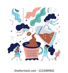 Hand drawn conceptual illustration of woman pouring coffe into a giant mug. Teamwork and coffee shop poster.