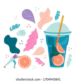 Hand drawn conceptual illustration of a woman making lemonade in a giant glass. Work, fruit, summer drink or cocktail party poster.