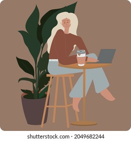 Hand drawn conceptual illustration of a young woman sitting at a table with a cup of coffee working at a laptop at home or in a cafe. Teamwork and coffee shop poster.