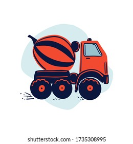 Hand drawn concrete mixer car. Cute kids vector illustration.