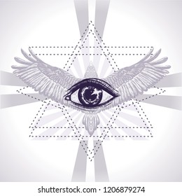 Hand drawn condor with all seeing eye and sacred geometric.Star David. Print for t hirt and tattoo art.Symbol of magic.Eye of providence.Occultism.Nature pattern and mystical sign.Vector illustration.
