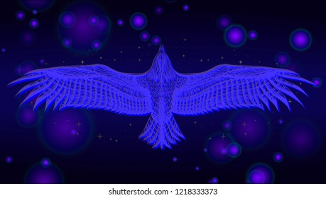 Hand drawn condor on the black background. To be used for invitation party, print for t shirt, wedding card. Magical illustration. Flying bird with glitch effect. Symbol spiritual. Silhouette falcon.