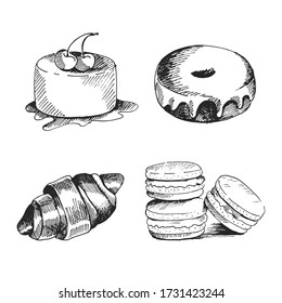 Hand drawn confection icons for food menu with cakes, croissant, cookies , macaroons and donut. Fast food vector. Great vintage line drawing sketch for coloring book, brochure or leaflet 