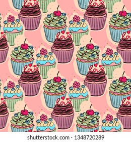 Hand drawn confectionery seamless pattern Cupcake candy marshmallow ice cream vector