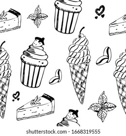 Hand drawn confectionery seamless pattern. Sweets, desserts, coffee beans, mint, heart, ice cream, cupcake, cheesecake. Vector illustration for decoration, wrapping paper, cards, menu design.