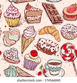 Hand drawn confectionery seamless pattern croissant Cupcake candy marshmallow ice cream cake donut and coffee. vector