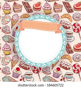 Hand drawn confectionery seamless pattern croissant Cupcake candy marshmallow ice cream cake donut and coffee. doodle frame, ribbon. vector