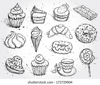 Hand drawn confectionery set croissant Cupcake candy marshmallow ice cream cake donut and coffee. vector