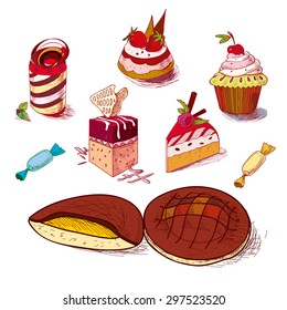 hand drawn confections dessert pastry bakery products cupcake cookie muffin.
